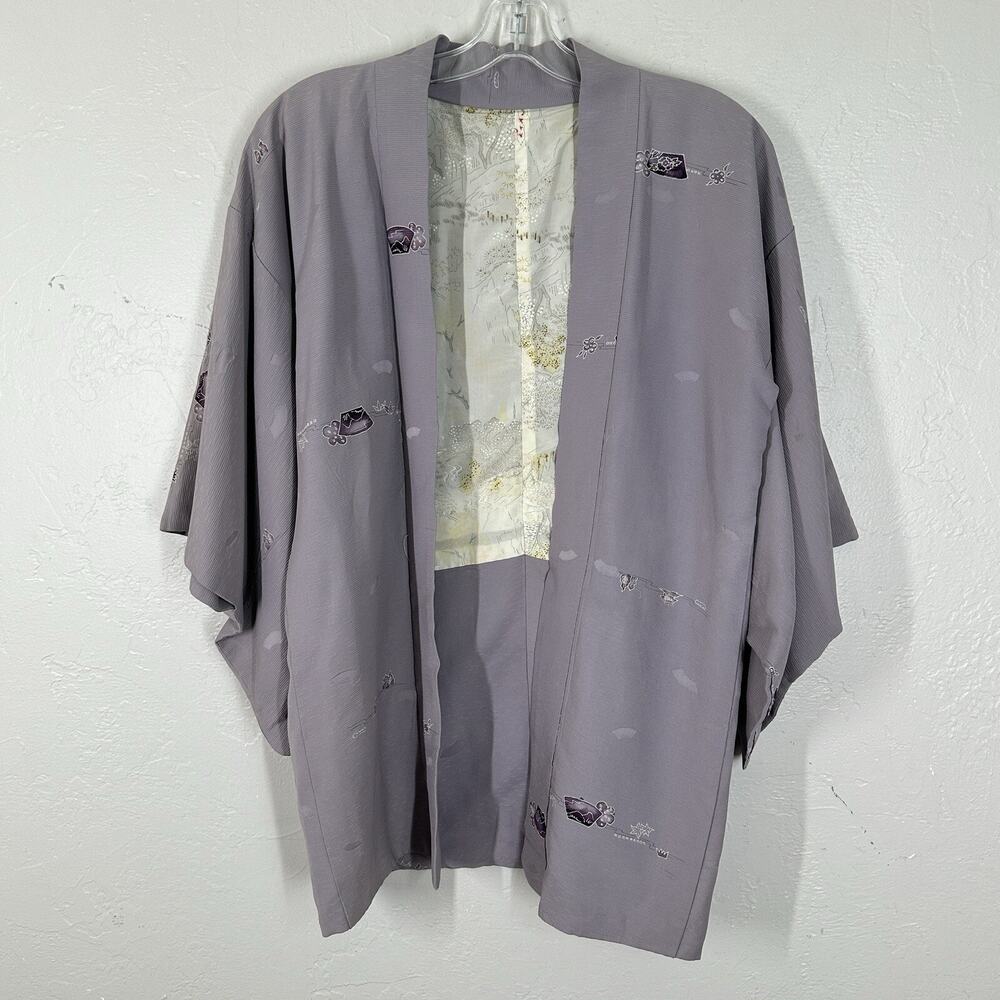 Vtg Haori Kimono Jacket Cardigan XL Lavender Abstract Japanese Below Waist Lined